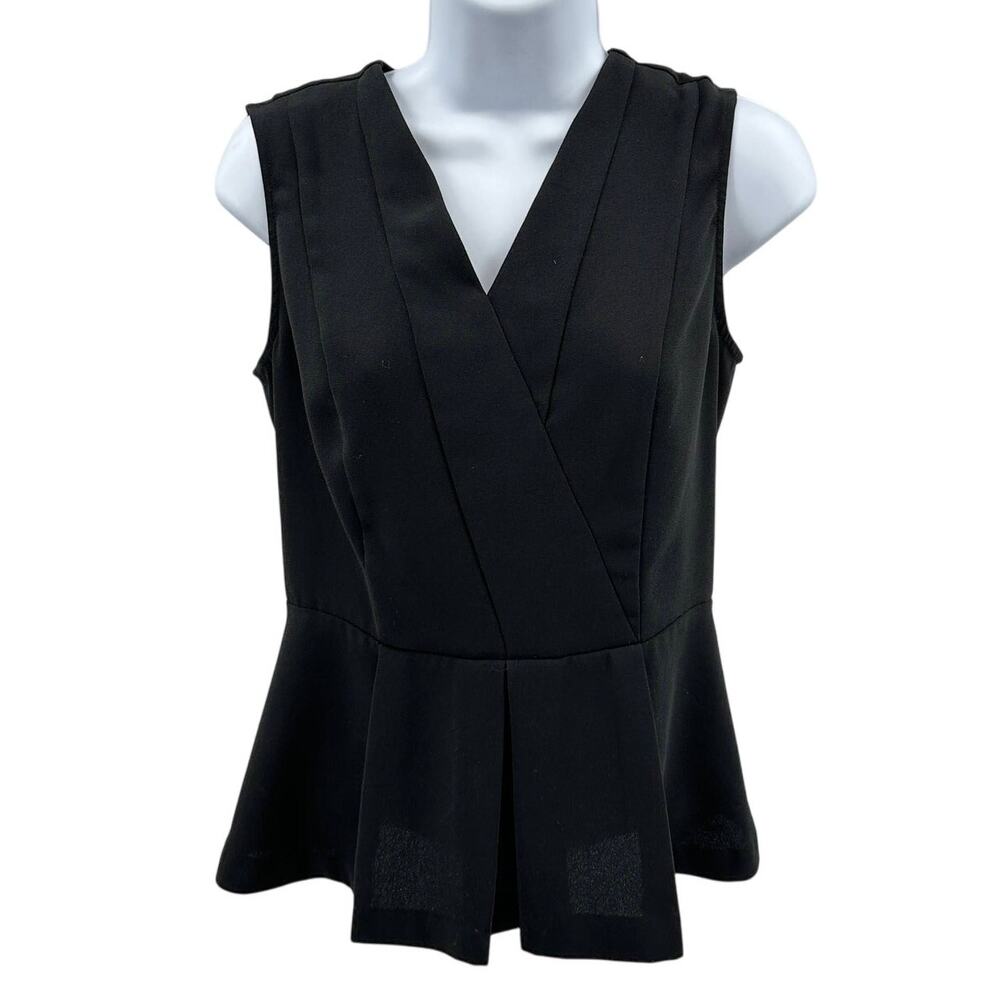 Banana Republic Blouse WMNS 4 Black Peplum Sleeveless Pleated Surplice Back Zip